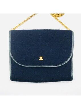 Chanel CC Logo Minimato Cotton Jersey Push Lock Chain Shoulder Bag Navy